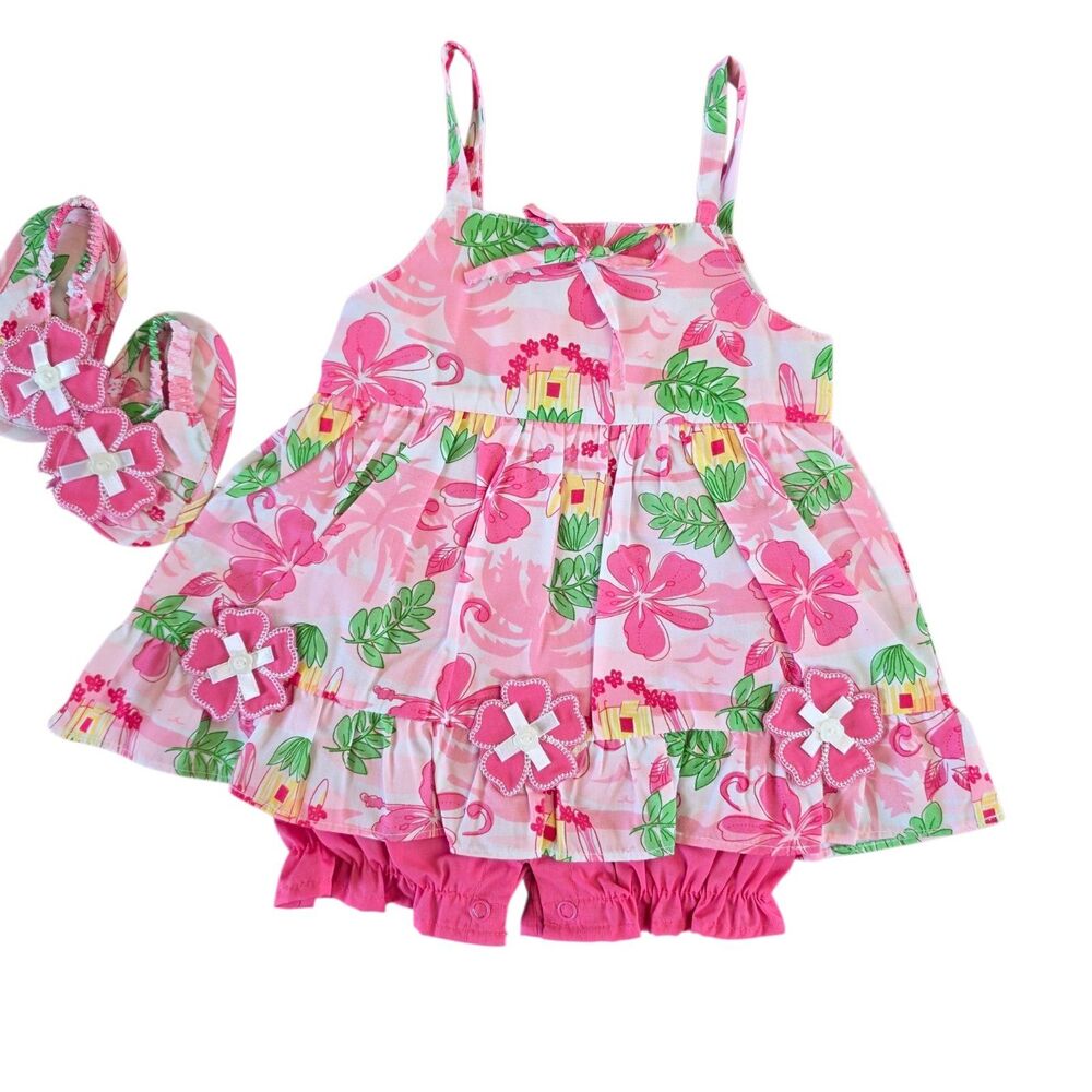 Little Jelly Beans 2 Piece Set Size 0-3 Months Pink Hawaiian Print And Crib Shoe